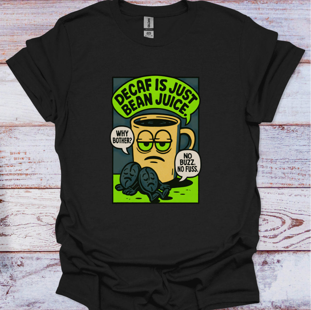 Black t-shirt with a graphic design of a coffee mug and text on a wooden surface