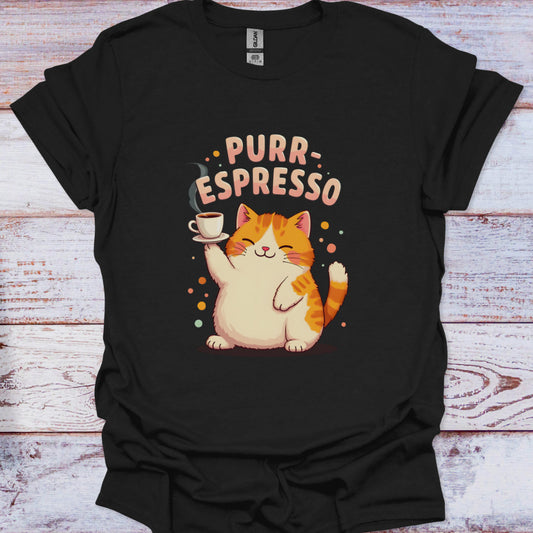 Black t-shirt with a cat holding a coffee cup and 'Purr-Espresso' text on a wooden surface