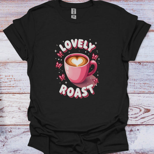 Black t-shirt with a pink coffee cup graphic and 'Lovely Roast' text on a wooden surface