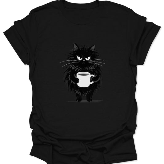 Minimalist graphic of a spiky, grumpy black cat holding a white coffee mug centered on a black t-shirt.