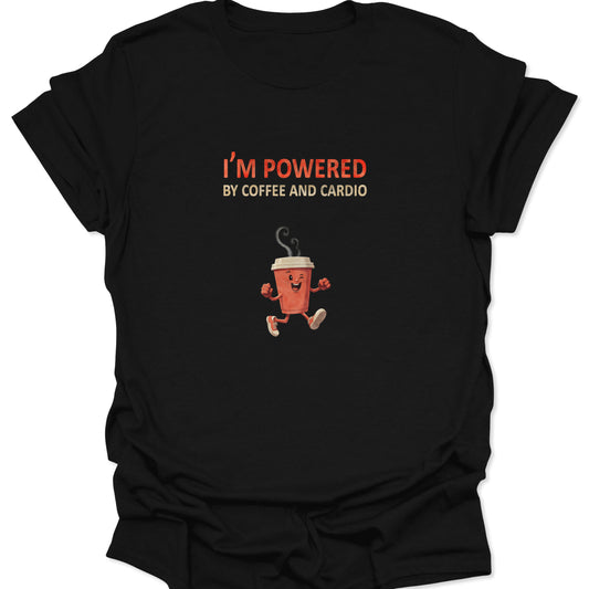 Black t-shirt featuring a jogging coffee cup cartoon with sneakers, fitness humor design.