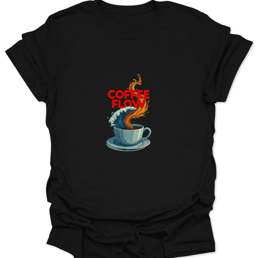 Cinematic graphic t-shirt featuring a massive espresso wave splashing out of a teacup, with red COFFEE FLOW text. Black apparel.