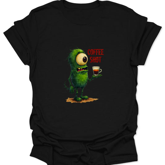 Close-up of a green, cyclops monster in distress, clutching a small espresso shot, with the text "COFFEE SHOT" on a black t-shirt.
