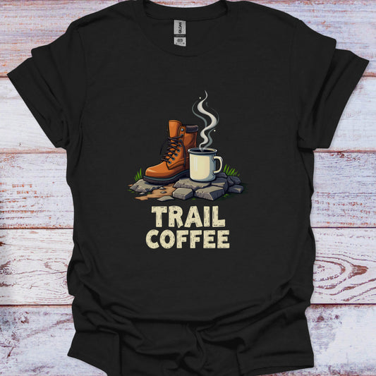 Black t-shirt with 'Trail Coffee' graphic featuring boots and a mug on a wooden background