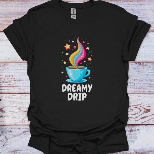 Black t-shirt with a colorful coffee cup graphic and 'Dreamy Drip' text on a wooden surface