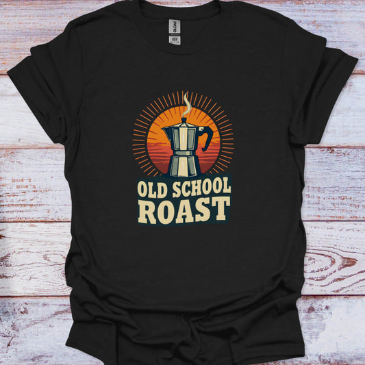 Black t-shirt with 'Old School Roast' graphic on a wooden surface