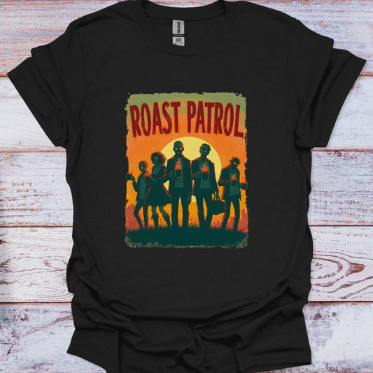 Black t-shirt with 'Roast Patrol' graphic on a wooden surface