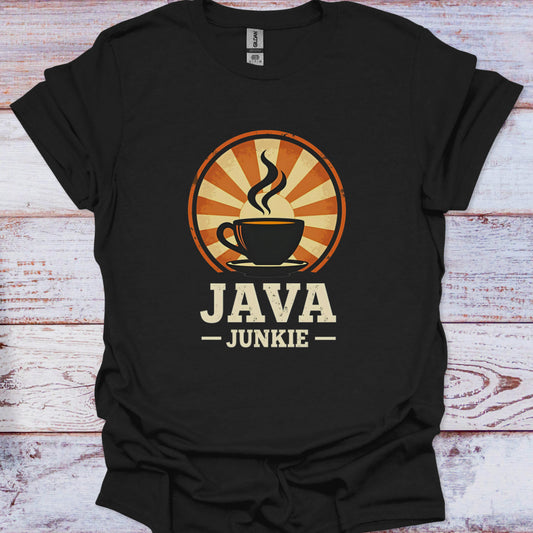 Black t-shirt with 'JAVA JUNKIE' design featuring a coffee cup and sunburst on a wooden surface.