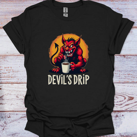 Black t-shirt with a graphic of a devil holding a coffee cup and the text 'Devil's Drip' on a wooden surface.