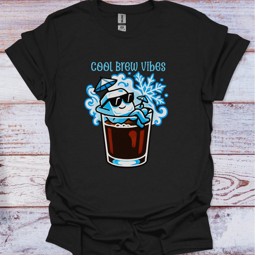 Black t-shirt with 'Cool Brew Vibes' graphic design on a wooden surface
