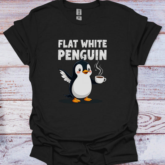 Black t-shirt with a penguin holding a coffee cup and 'Flat White Penguin' text on a wooden surface.