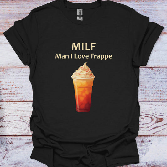 Black t-shirt with a graphic of a frappe and text on a wooden surface