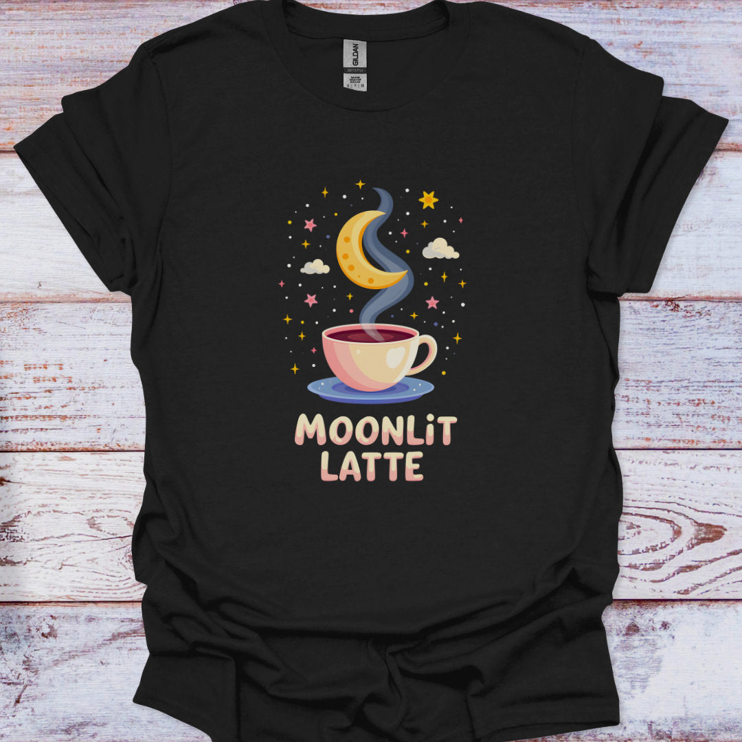 Black t-shirt with 'Moonlit Latte' design featuring a cup of coffee and moon on a wooden surface