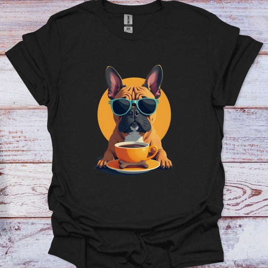 Black t-shirt with a graphic of a dog drinking coffee and wearing sunglasses on a wooden surface.