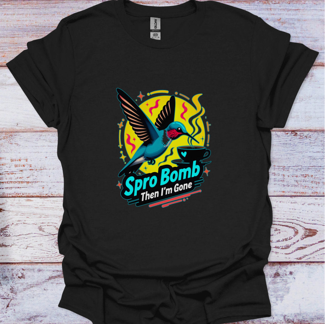 Black t-shirt with a colorful graphic and text on a wooden surface