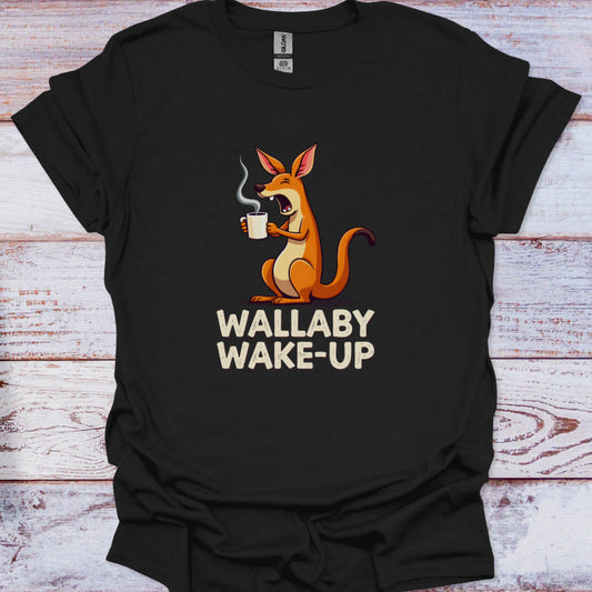 Black t-shirt with a Wallaby graphic and 'Wallaby Wake-Up' text on a wooden surface