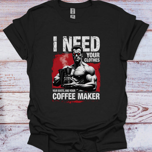 Black t-shirt with graphic design and text on a wooden surface