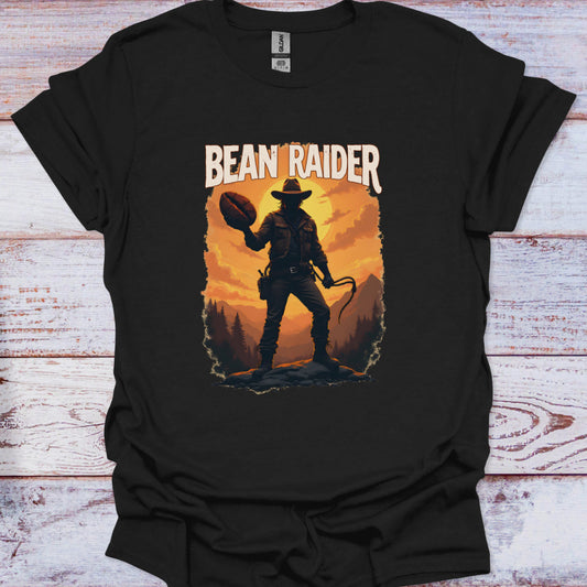 Black t-shirt with 'Bean Raider' graphic design featuring a cowboy silhouette against a sunset landscape.