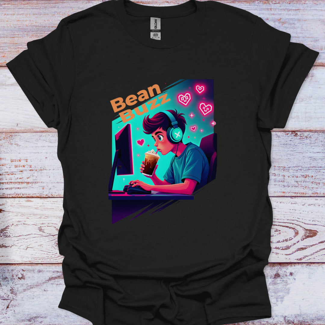 Black t-shirt with colorful graphic design featuring a character, 'Bean Buzz', and a drink on a wooden surface.