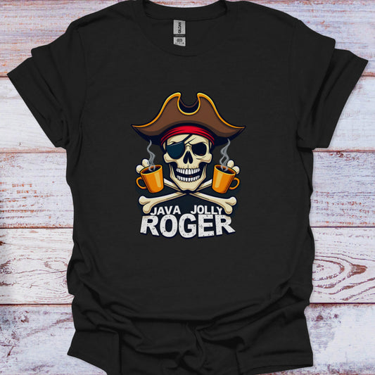 Black t-shirt with a pirate-themed design featuring a skull and crossed mugs on a wooden surface.