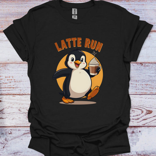 Black t-shirt with a penguin holding a cup of coffee and 'Latte Run' text on a wooden surface