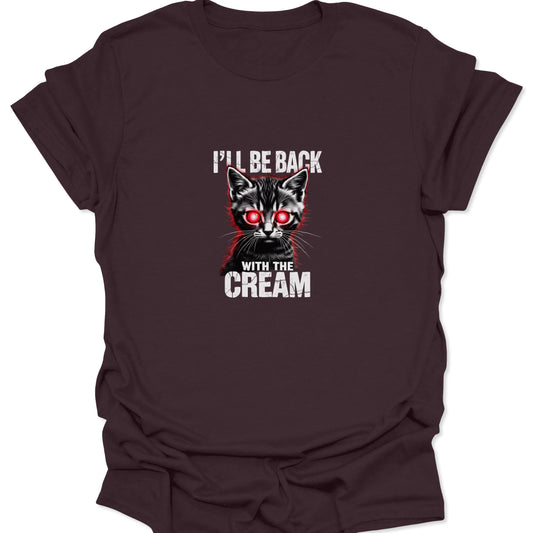 Dark Chocolate Brown t-shirt displaying a gothic sci-fi cat design with intense red laser eyes and funny coffee humor text in a grunge font.