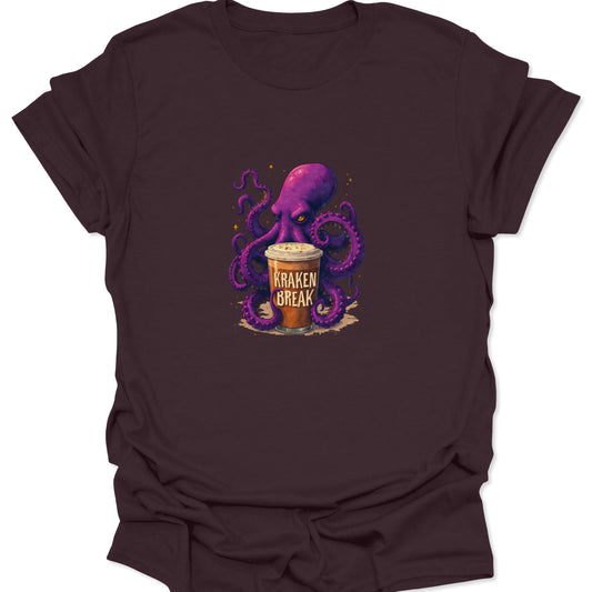 Dark brown t-shirt featuring a highly detailed, purple octopus monster gripping a frothy coffee cup graphic.