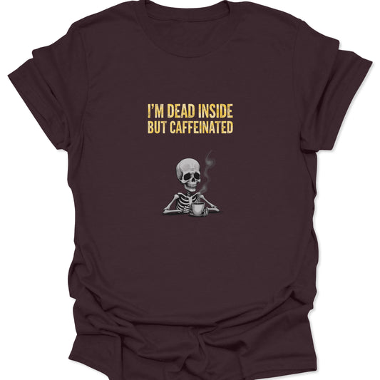 Dark Chocolate Brown t-shirt featuring a gothic skeleton with a mug, grunge aesthetic.