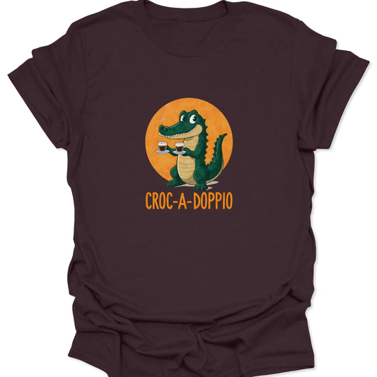 Dark brown t-shirt featuring the Croc-A-Doppio design, an aggressive cartoon crocodile with espresso cups.