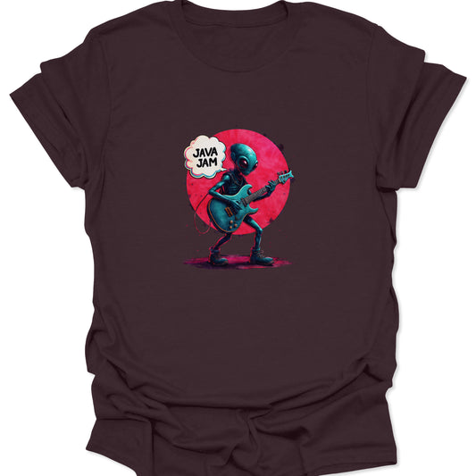 Dark brown t-shirt featuring a neon teal alien and red graphic. The alien plays an electric guitar with the text "JAVA JAM." Perfect for software developers and coffee enthusiasts.