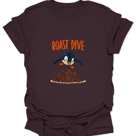 Dark brown apparel featuring a high-contrast graphic of a penguin diving into a brown pile of freshly roasted coffee beans; ideal barista uniform.