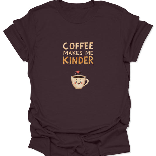 Dark Chocolate Brown tee with a cute beaming mug illustration and vintage-style typography about caffeine dependency.