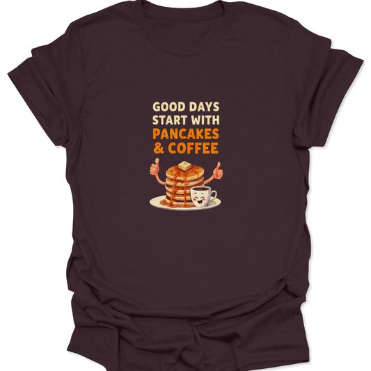Dark brown t-shirt with anthropomorphic breakfast food graphic: thumbs-up pancakes and smiling coffee cup.
