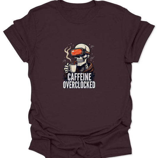 Dark Chocolate Brown t-shirt showing a gamer skull graphic, the red VR visor and white steam contrasting warmly against the deep brown fabric.