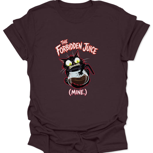 An espresso-toned shirt displaying a manic kitten protecting a carafe of "forbidden juice" with jagged white and red lettering.
