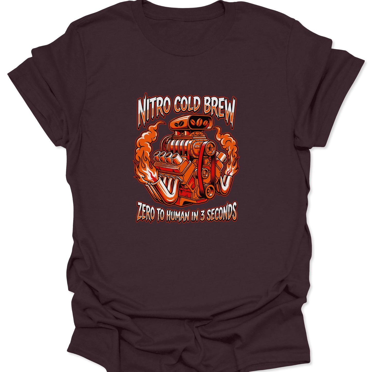 A dark chocolate brown t-shirt featuring an orange and chrome V8 engine graphic with coffee bean details and "Nitro Cold Brew" text.