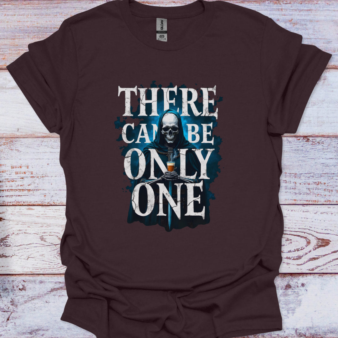 Brown t-shirt with a graphic design and text on a wooden surface