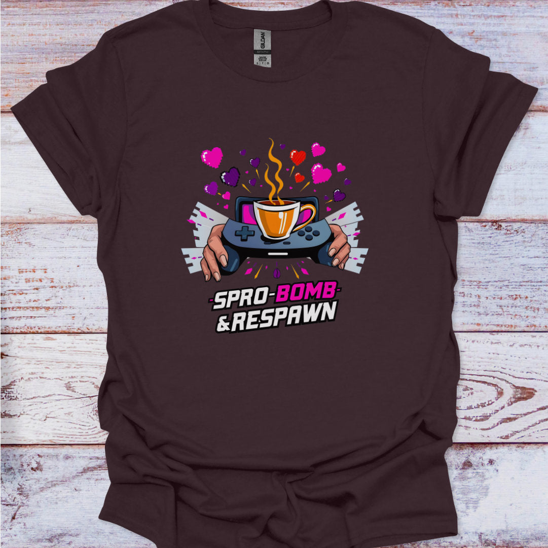 Brown t-shirt with a graphic design featuring a coffee cup and text on a wooden surface
