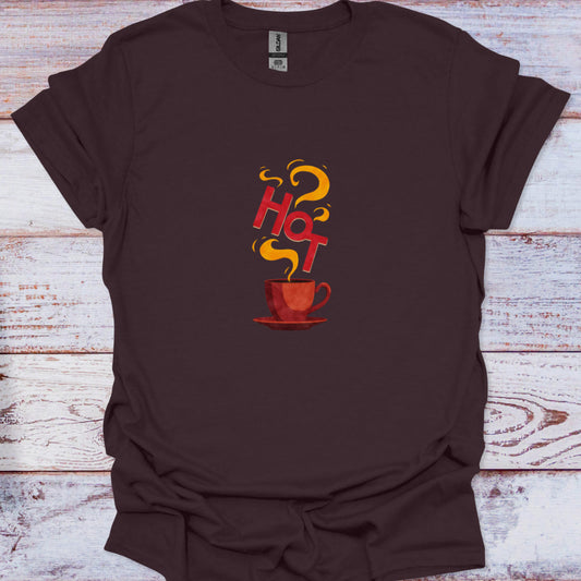 Dark chocolate brown t-shirt featuring an aggressive, hot coffee cup illustration and stylized red and yellow 'HOT' wordmark.