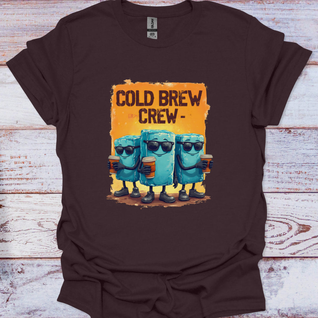 Brown t-shirt with 'Cold Brew Crew' graphic on a wooden surface