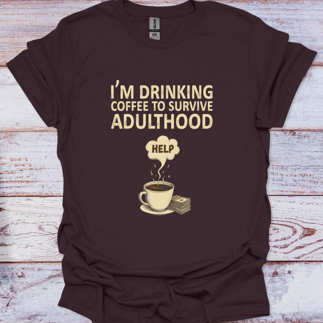 Brown t-shirt with coffee-themed graphic and text on a wooden surface
