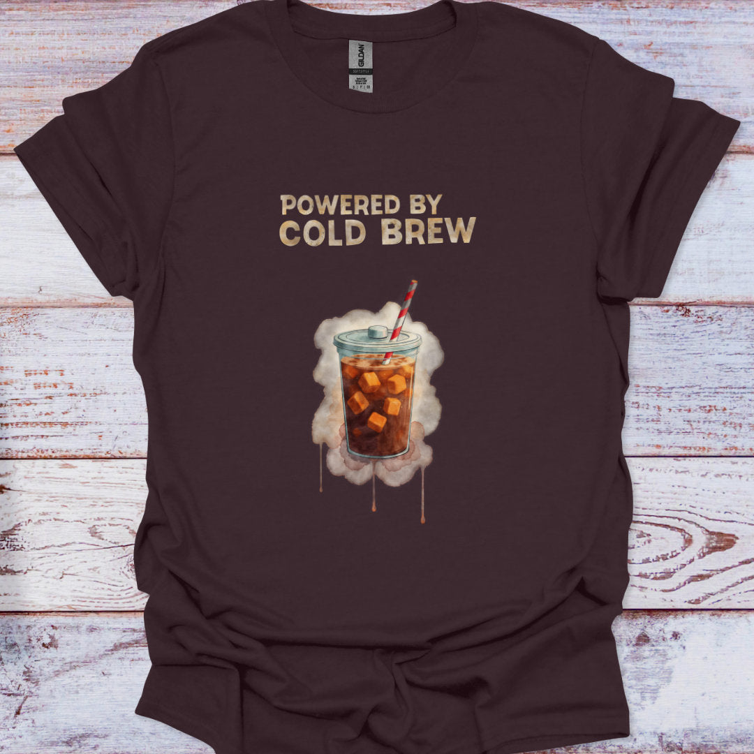 Brown t-shirt with cold brew coffee graphic and text on a wooden surface