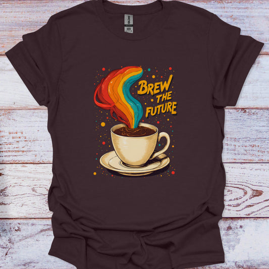 Brown t-shirt with a coffee cup graphic and 'Brew the Future' text on a wooden surface