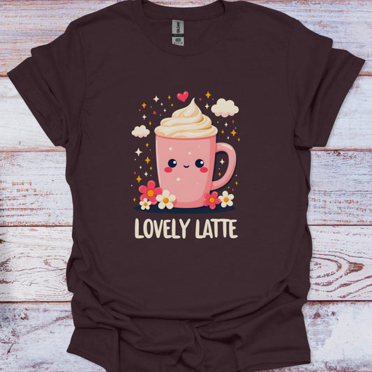 Brown t-shirt with a pink coffee cup graphic and 'Lovely Latte' text on a wooden surface