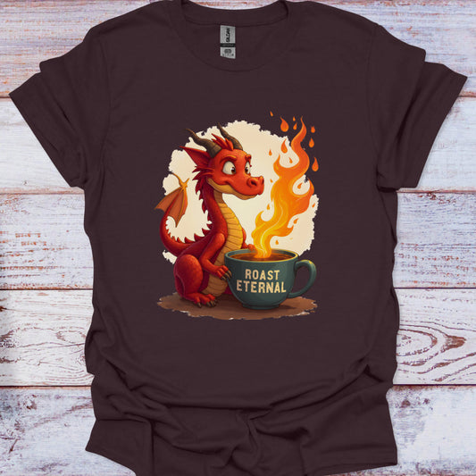 Brown t-shirt with a dragon and coffee cup graphic on a wooden surface
