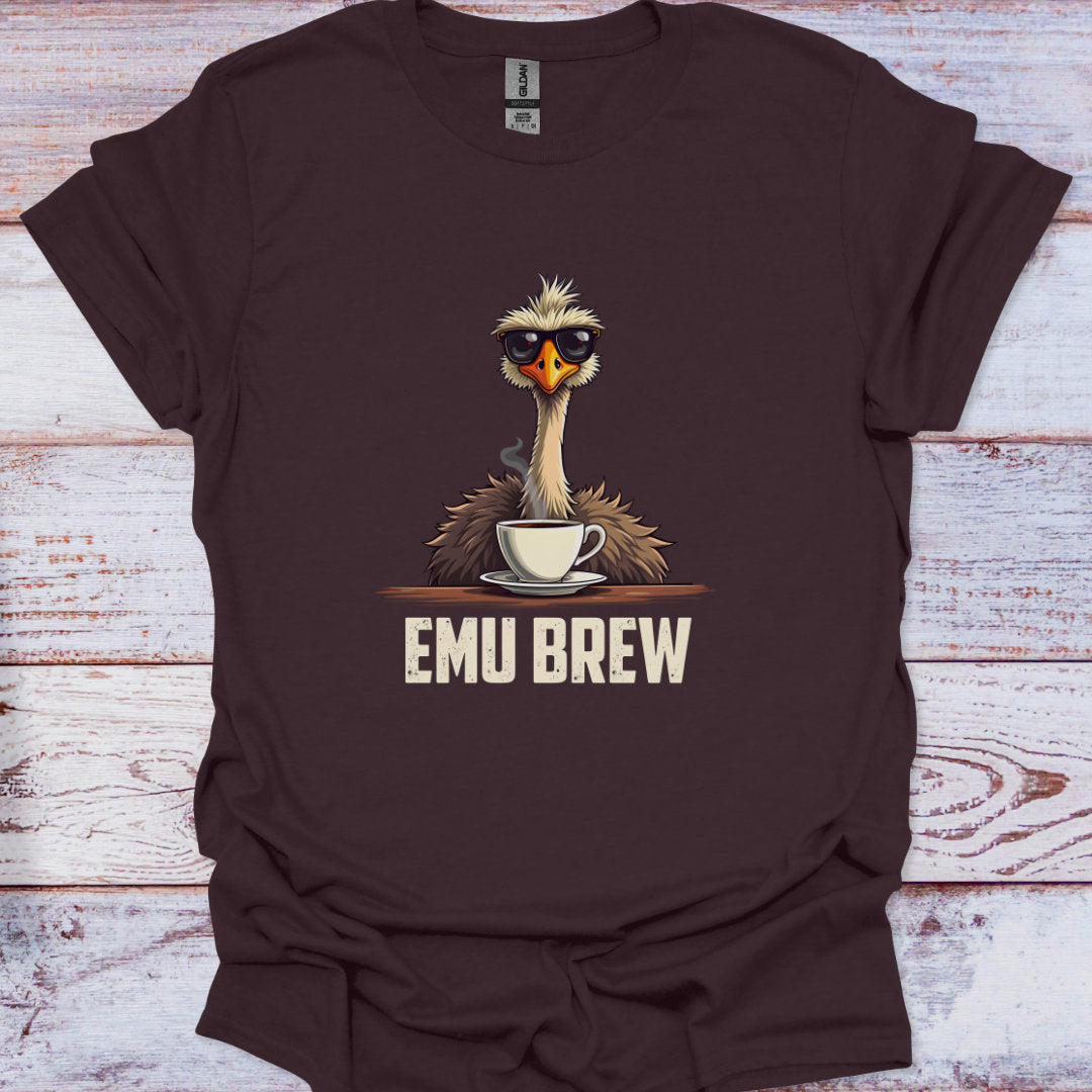 Brown t-shirt with emu graphic and 'EMU BREW' text on a wooden surface