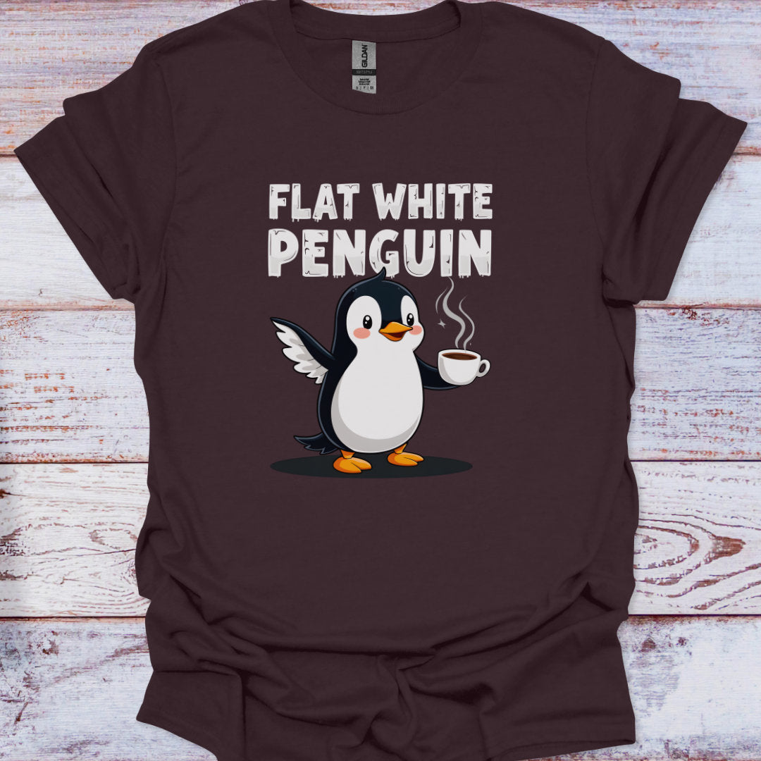 Brown t-shirt with a penguin holding a coffee cup and 'Flat White Penguin' text on a wooden surface.