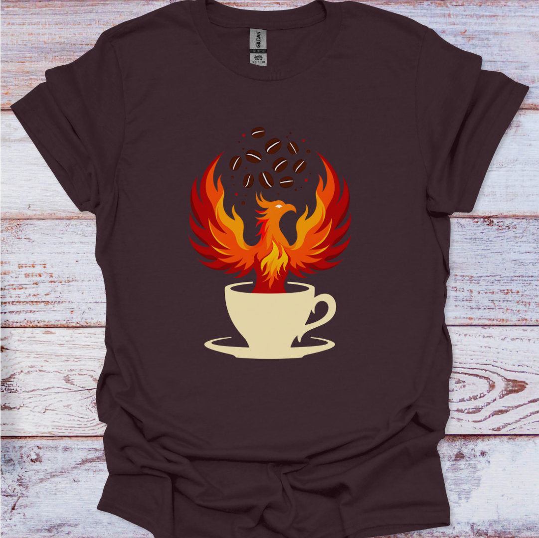 Brown t-shirt with a graphic of a coffee cup with flames on a wooden surface