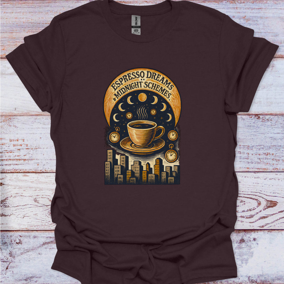 Brown t-shirt with a coffee-themed graphic on a wooden surface
