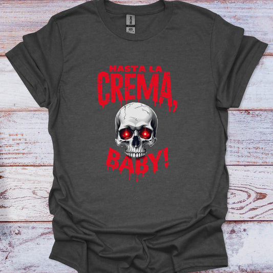 Gray t-shirt with a skull graphic and red text on a wooden surface